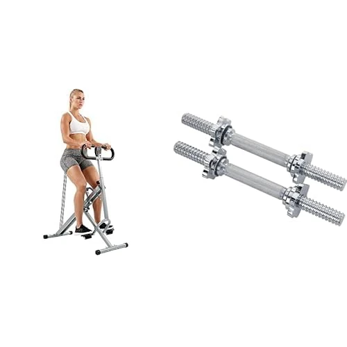 Sunny Health & Fitness Squat Assist Upright Row-N-Ride Rowing Machine, Horse Riding Machine - NO.077S and Unisex Sunny Health & Fitness 35 Cm Threaded Chrome Dumbbell Bar