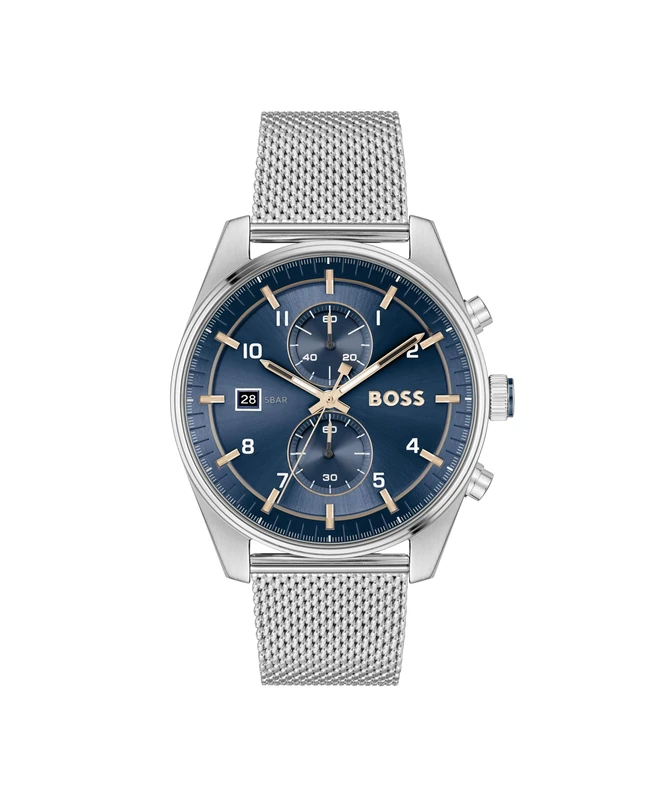BOSS Chronograph Quartz Watch for Men SKYTRAVELLER Collection with Silver Stainless Steel Mesh Bracelet - 1514149