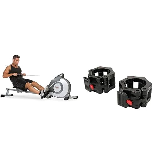 Sunny Health and Fitness Magnetic Rowing Machine, Folding Rower SF-RW5515 and Unisex Sunny Health & Fitness Shark Clamp - Pair Lock Collars for Olympic Barbells