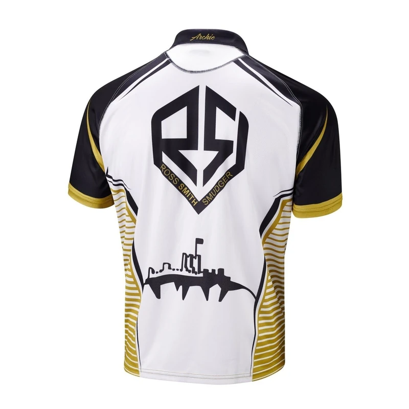 Unicorn Darts Shirt | Ross 'Smudger' Smith | Premier | Cool Breathable Soft-Feel Micro Mesh 3-Tuk Polyester | Black, White and Gold | Button Front | XL | to fit Chest 43-46 inches
