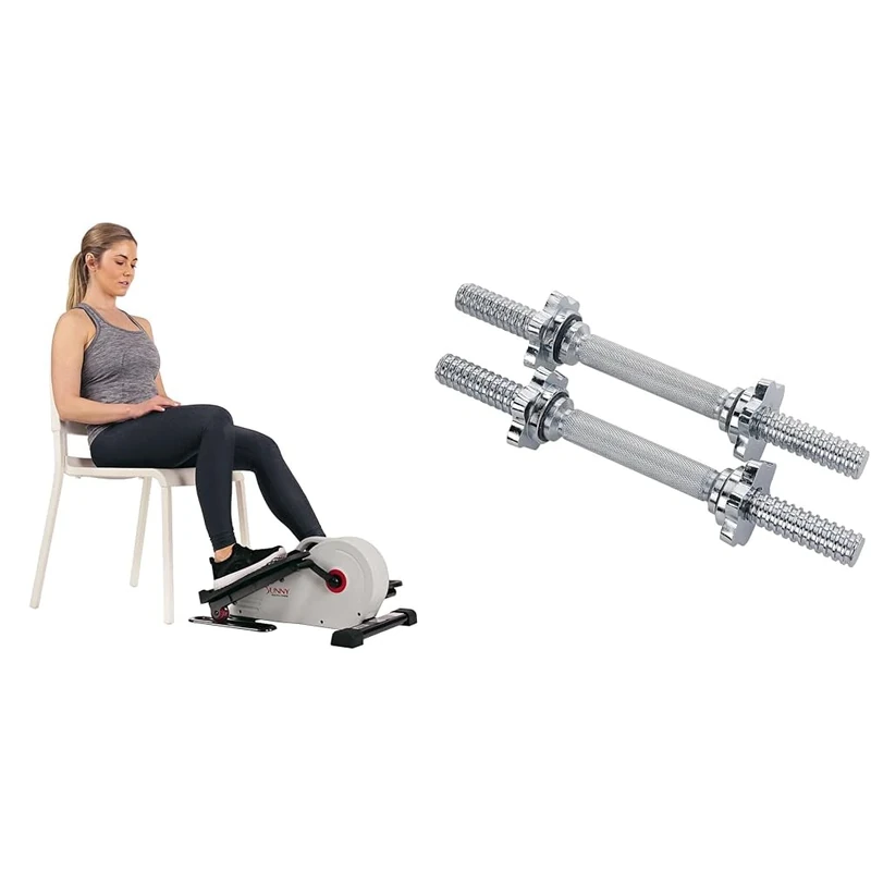 Sunny Health & Fitness Magnetic Under Desk Elliptical Peddler, Portable Mini Elliptical SF-E3872 and Unisex Sunny Health & Fitness 35 Cm Threaded Chrome Dumbbell Bar