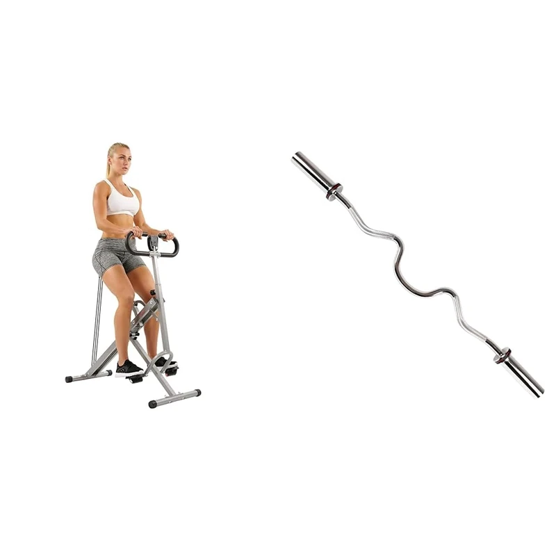 Sunny Health & Fitness Squat Assist Upright Row-N-Ride Rowing Machine, Horse Riding Machine - NO.077S and 122 CM Olympic Super Curl Bar with Ring Collars - OB-48