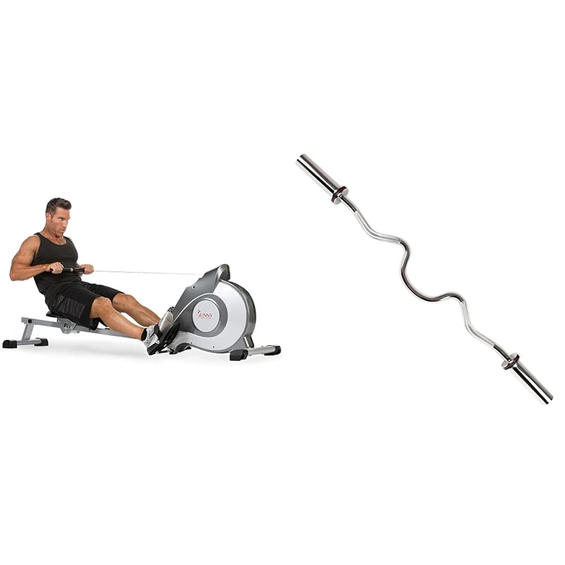 Sunny Health and Fitness Magnetic Rowing Machine, Folding Rower SF-RW5515 and 122 CM Olympic Super Curl Bar with Ring Collars - OB-48