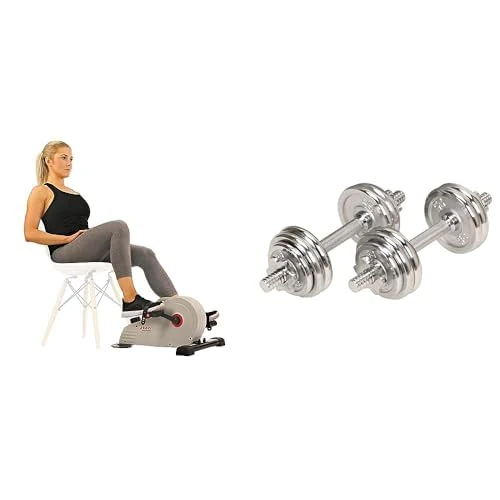Sunny Health and Fitness Magnetic Under Desk Pedal Exerciser, Dual Function Mini Exercise Cycle Bike SF-B0891 and Unisex's 15 KG Chrome Dumbbell Set