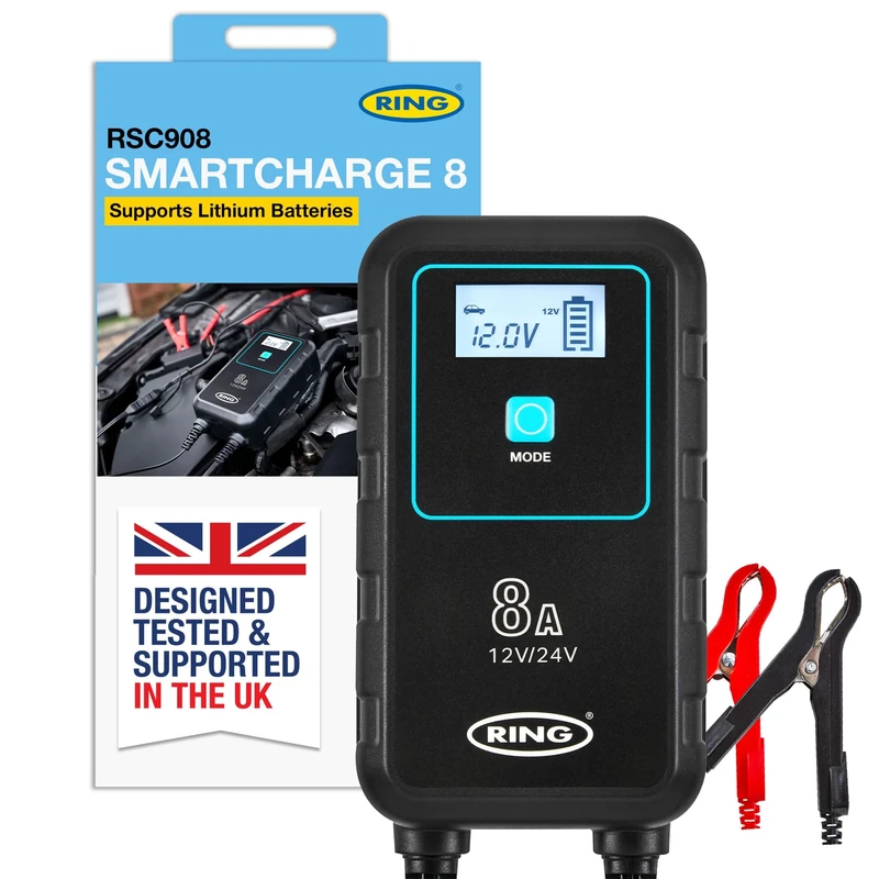RING SMARTCHARGE 8A Car Charger & Maintainer With Crocodile Clips & Built-In Hanging Hook - Compatible With Lithium Ion, Lead Acid, Gel, Calcium, EFB & AGM Batteries