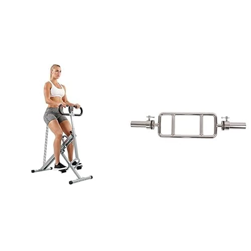Sunny Health & Fitness Squat Assist Upright Row-N-Ride Rowing Machine, Horse Riding Machine - NO.077S and 86 CM Olympic Tricep Bar with Ring Collars - OB-34,grey