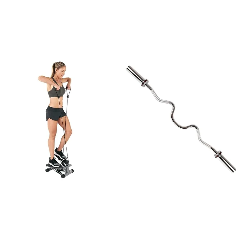 Sunny Health & Fitness Mini Stepper Machine, Stair Stepper Exercise Equipment - NO. 012-S and 122 CM Olympic Super Curl Bar with Ring Collars - OB-48