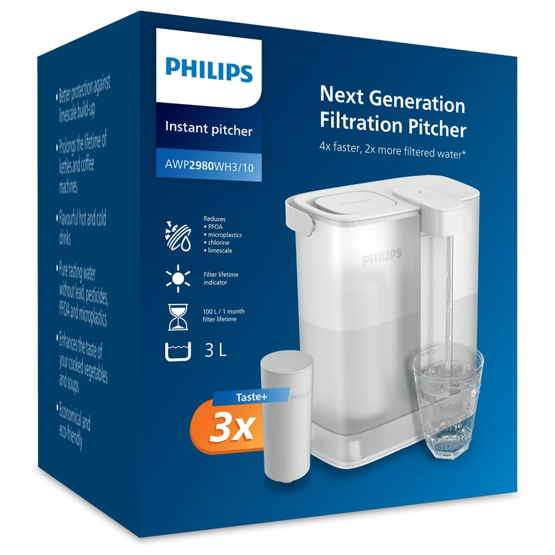 Philips Instant Water Filter Jug (3 L) - Clean and Good Tasting Water in Seconds - Includes 3 x Flavours + Filters, Reduces Chlorine & Lead, Retains Minerals