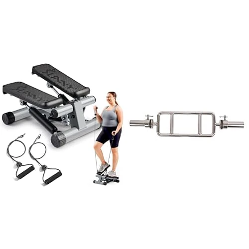 Sunny Health & Fitness Mini Stepper Machine, Stair Stepper Exercise Equipment - NO. 012-S and 86 CM Olympic Tricep Bar with Ring Collars - OB-34,grey