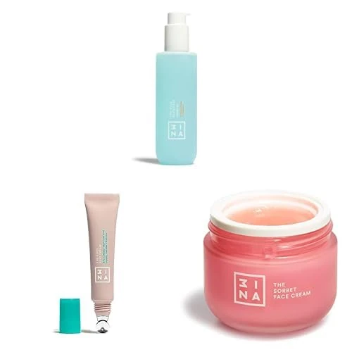 3INA MAKEUP - The Blue Cleanser + The Cool Eyes Cream + The Sorbet Face Cream - Balance Sebum Production - Eye Serum with Metal Applicator - Moisturising Cream with Niacinamide - Vegan - Cruelty Free