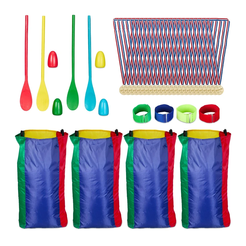 Relaxdays Outdoor Game Set, for Children, Egg & Spoon, Three-legged and Sack Race, with 24 Medals, for Birthday Parties, Polyester, 90 x 50 x 40 cm - Image 1