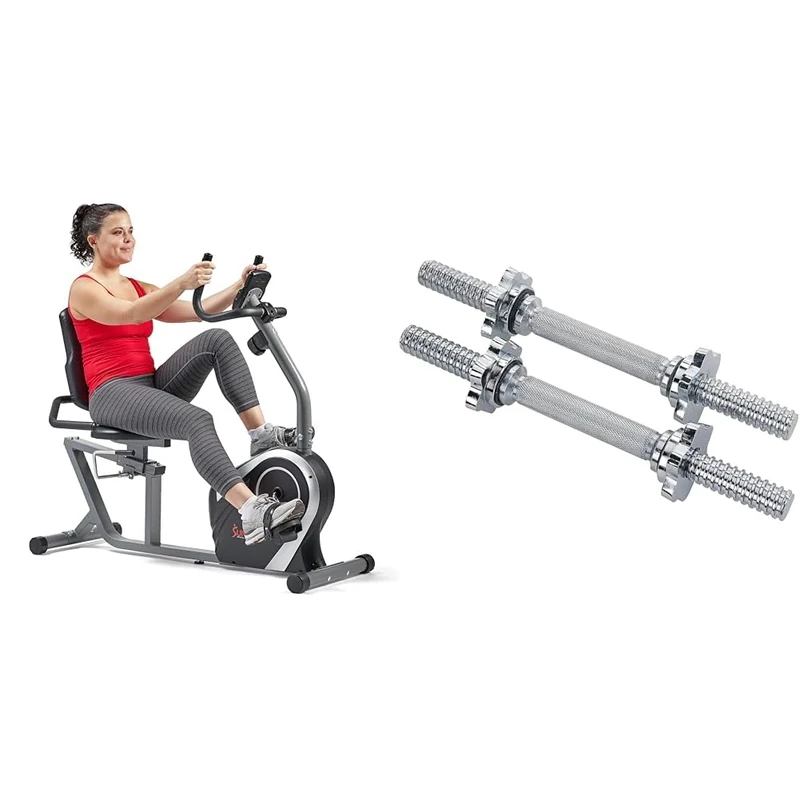 Sunny Health & Fitness Exercise Bikes, Magnetic Recumbent Bike, Stationary Cycling Bike SF-RB4616S and Unisex Sunny Health & Fitness 35 Cm Threaded Chrome Dumbbell Bar