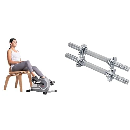 Sunny Health & Fitness Magnetic Under Desk Mini Exercise Cycle Bike, Dual Function Pedal Exerciser SF-B020026 and Unisex Sunny Health & Fitness 35 Cm Threaded Chrome Dumbbell Bar