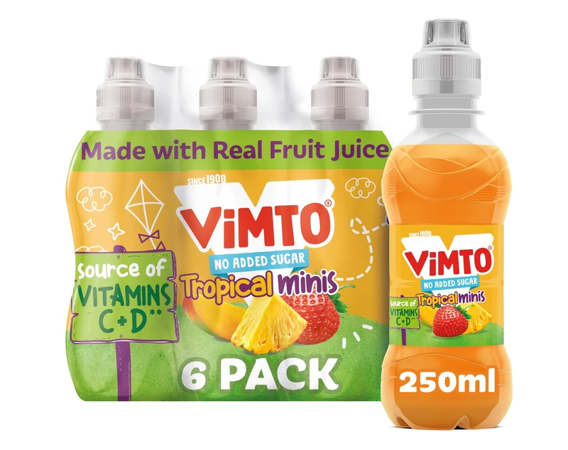 Vimto Kids Juice Drink – No Added Sugar – Tropical Mango, Strawberry & Pineapple – Vitamin C – 6 x 250ml Resealable Bottles – Lunchbox Friendly – Vegetarian