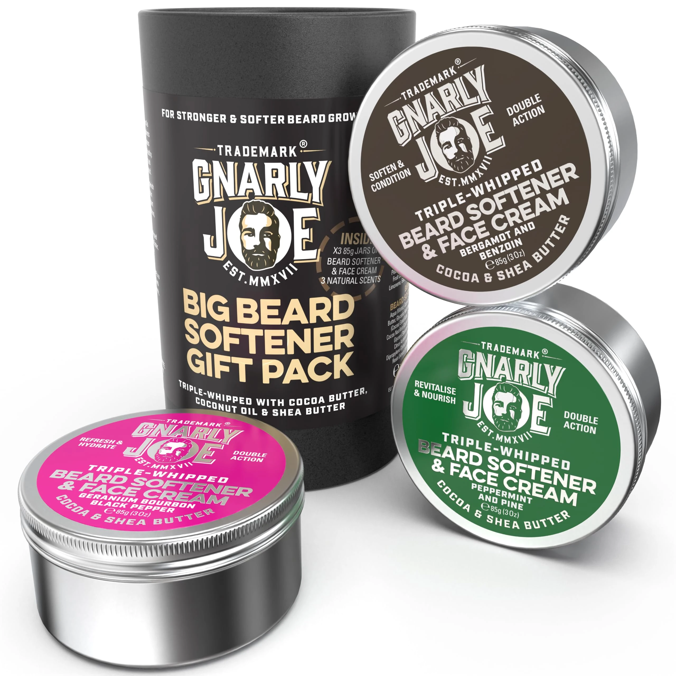 Gnarly Joe Beard Softener & Face Cream Gift Pack for Men - 3 x 85g Tins (255g) - Triple-Whipped Beard Butter with Cocoa & Shea - Natural Beard Moisturiser, Cream & Conditioner - Made in UK