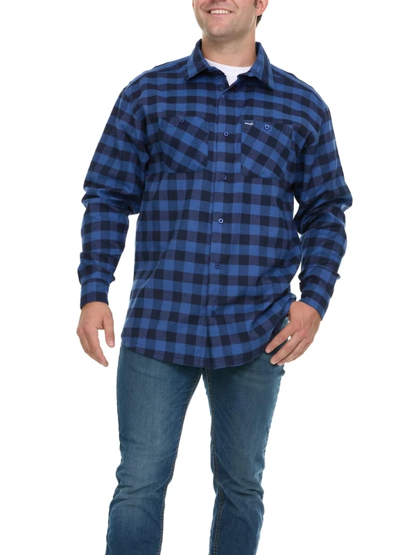 Wrangler Mens Big and Tall Flannel Shirt Plaid Button Down Shirt Men, Blue, 5XL