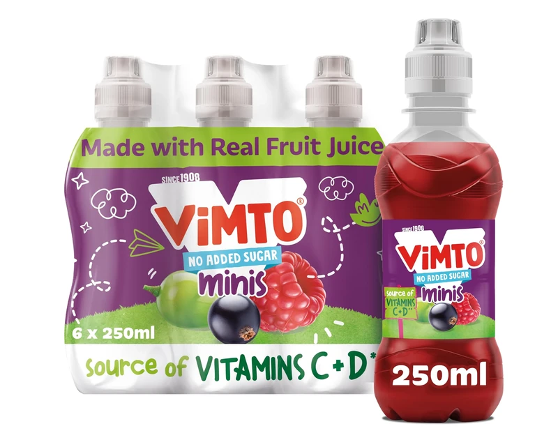 Vimto Kids Juice Drink – No Added Sugar – Grape, Blackcurrant & Raspberry – Vitamin C – 6 x 250ml Resealable Bottles – Lunchbox Friendly – Vegetarian