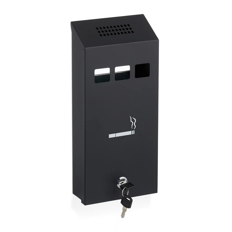 Relaxdays Wall Ashtray for Outside, Weatherproof, Lockable, with Mounting Material, HWD: 32.5 x 15 x 6 cm, Black, Iron