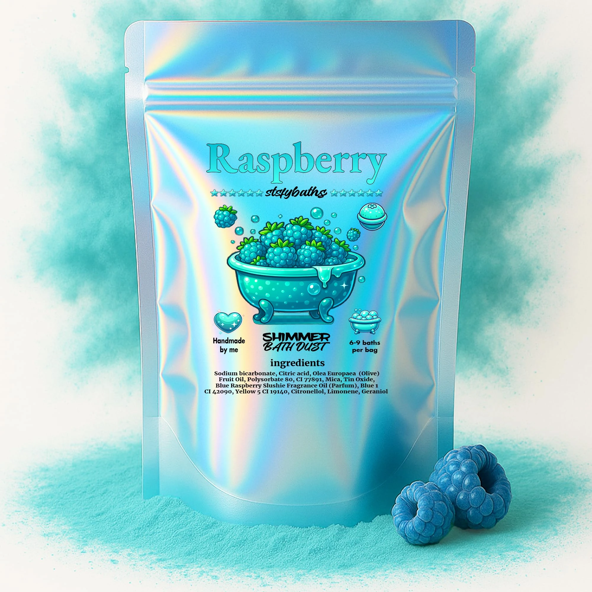 Stsfybaths Raspberry Shimmer Bath Bomb Powder – Turquoise Fizzy Bath Soak for Kids, Women & Men – Handmade, Scented, Non-Staining, 6–9 Baths per Bag (Large, Turquoise)