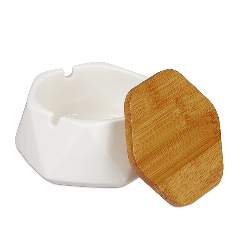 Relaxdays Ashtray with Bamboo Lid, Ceramic, for Outdoor & Indoor, HxWxD: 6 x 10.5 x 10.5 cm, Windproof, White/Natural - Image 1