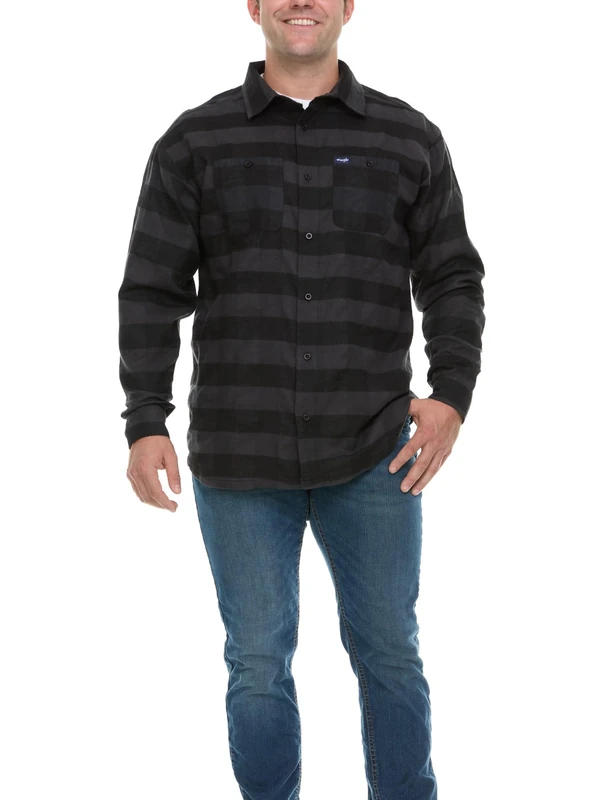 Wrangler Big and Tall Flannel Shirt for Men – Mens Button Down Plaid Shirt, Black/Grey, XL Tall