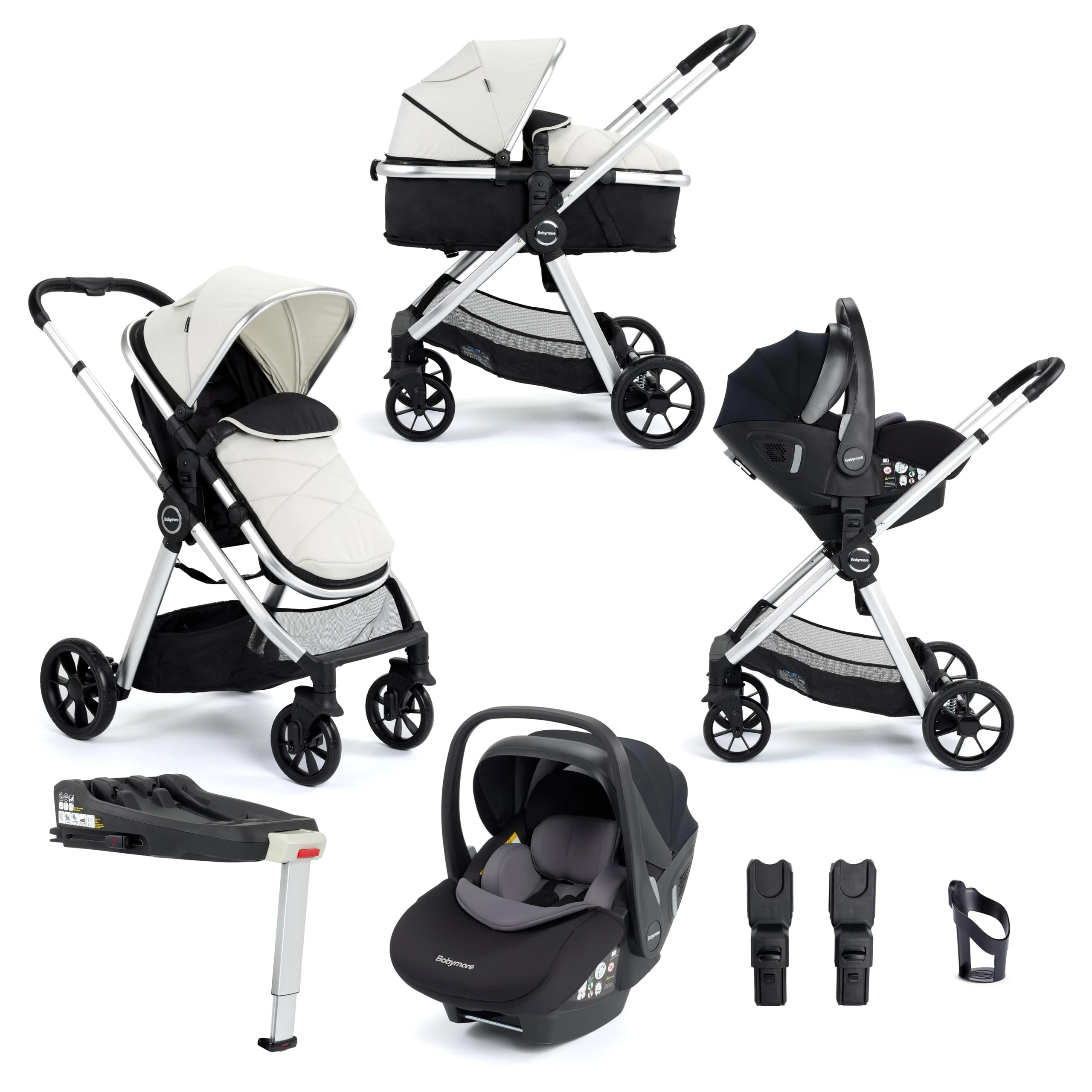 Babymore Mimi Travel System Pecan i-Size Car Seat Silver - 3 in 1 Travel System, Foldable & Head Rest Reclining Features, Pecan i-Size Car Seat with ISOFIX Base & Essentials, 0-4 Years | Up to 22 Kg