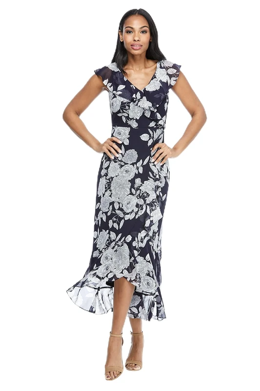 London Times Women's Chiffon Faux Wrap Ruffle Maxi Dress Guest of Wedding, Navy/Soft White, 22 Plus