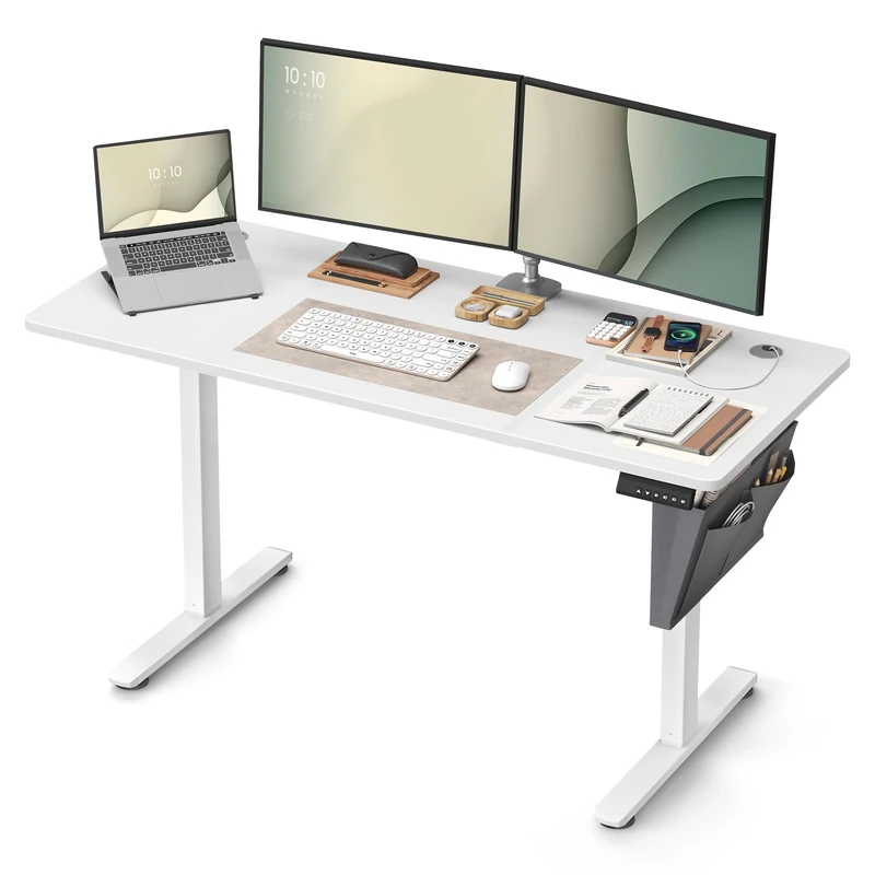 SONGMICS LSD134W01 Electric Height Adjustable Desk 140 x 60 cm Sit-Stand Table 4 Height Memory Function for Office Home Office Home Office White Cloud