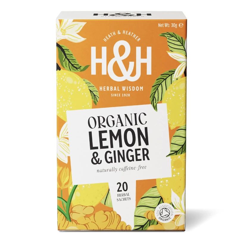 Heath & Heather - Organic Lemon & Ginger Tea • Zesty Herbal Digestive Support • Naturally Caffeine-Free • Vegan • Multipack 6 x 20 Boxes (120 Tea Bags)