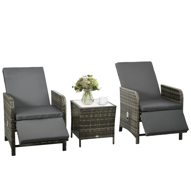 Outsunny 3 Pieces Rattan Bistro Set w/ Adjustable Backrest - Mix-Grey