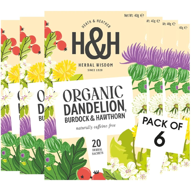 Heath & Heather - Organic Dandelion, Burdock & Hawthorn Tea • Wild Meadow Herbal Infusion for Liver & Heart Health • Caffeine‑Free • Vegan • Multipack 6 x 20 Boxes (120 Tea Bags)