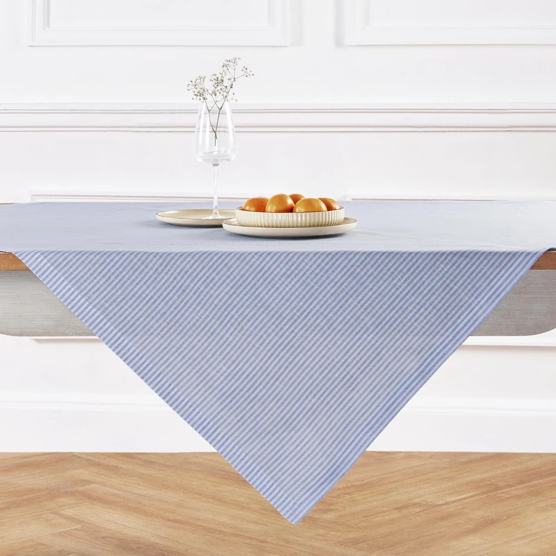 Solino Home 100% Linen Table Cloth, Throw, 52 x 52 in, Blue, Narrow Stripe
