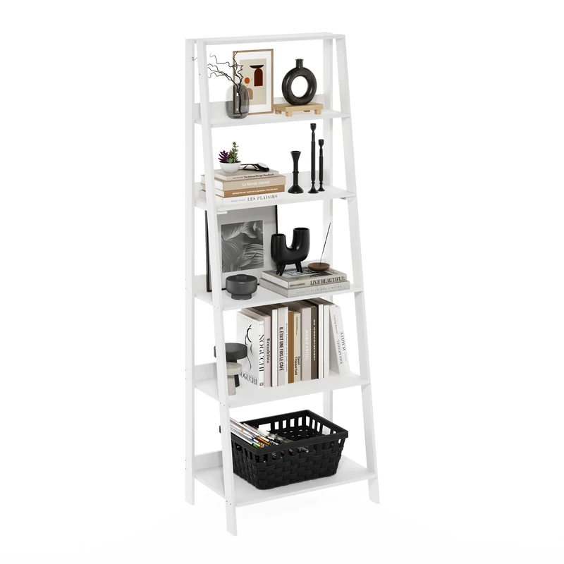 Furinno Ladder Bookcase Display Shelf, 6-Tier, White