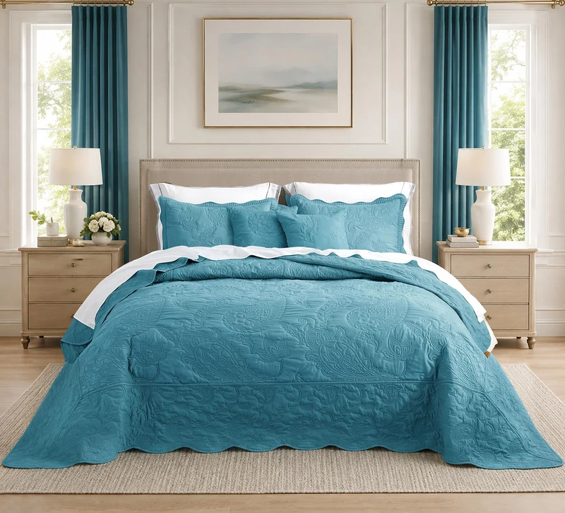 HZ & HY Oversized King Bedspread 128x120, Stitched Paisley, Blue