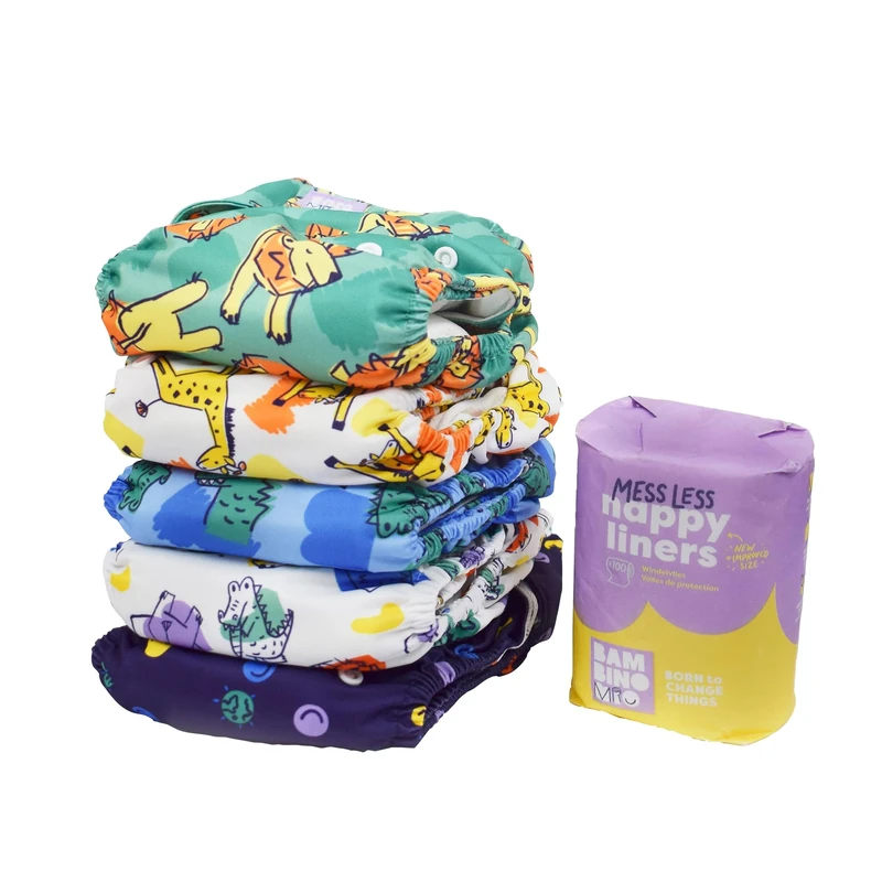 Bambino Mio, Reusable Cloth Nappy Set - The Give-it-a-go Washable Diaper Bundle, 5 x Nappies, 100 messless Liners, Bold