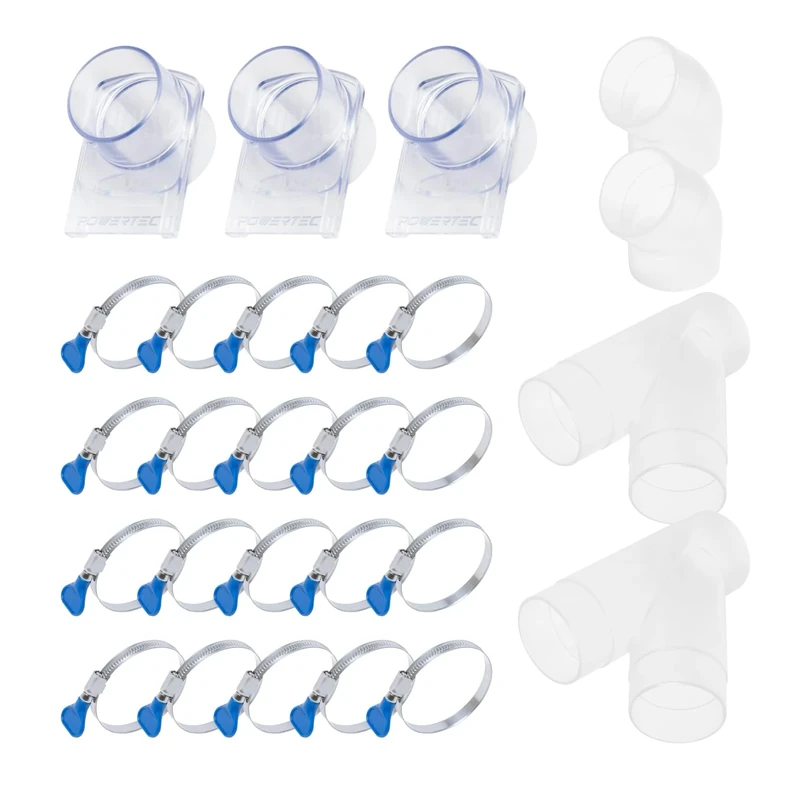 POWERTEC 2-1/2 Inch Dust Collection Fittings Kit with Clear Connectors, Blast Gates and Stainless Steel Hose Clamps for 3 Machine Setup, Dust Collection System for Dust Collection Hose (70374)
