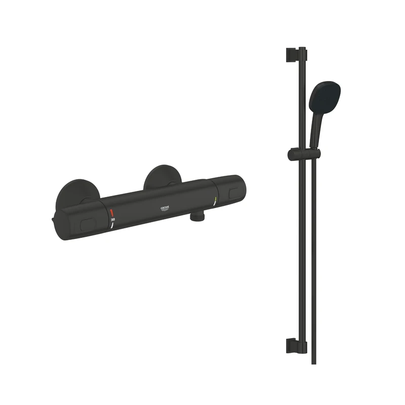 GROHE Precision Trend Thermostatic Cool Touch Shower Mixer with Vitalio Comfort 110 Shower Set (Water Saving, Square 11 cm Hand Shower 2 Sprays: Rain & Jet, Hose 1.75 m, Rail 90 cm), Matt Black