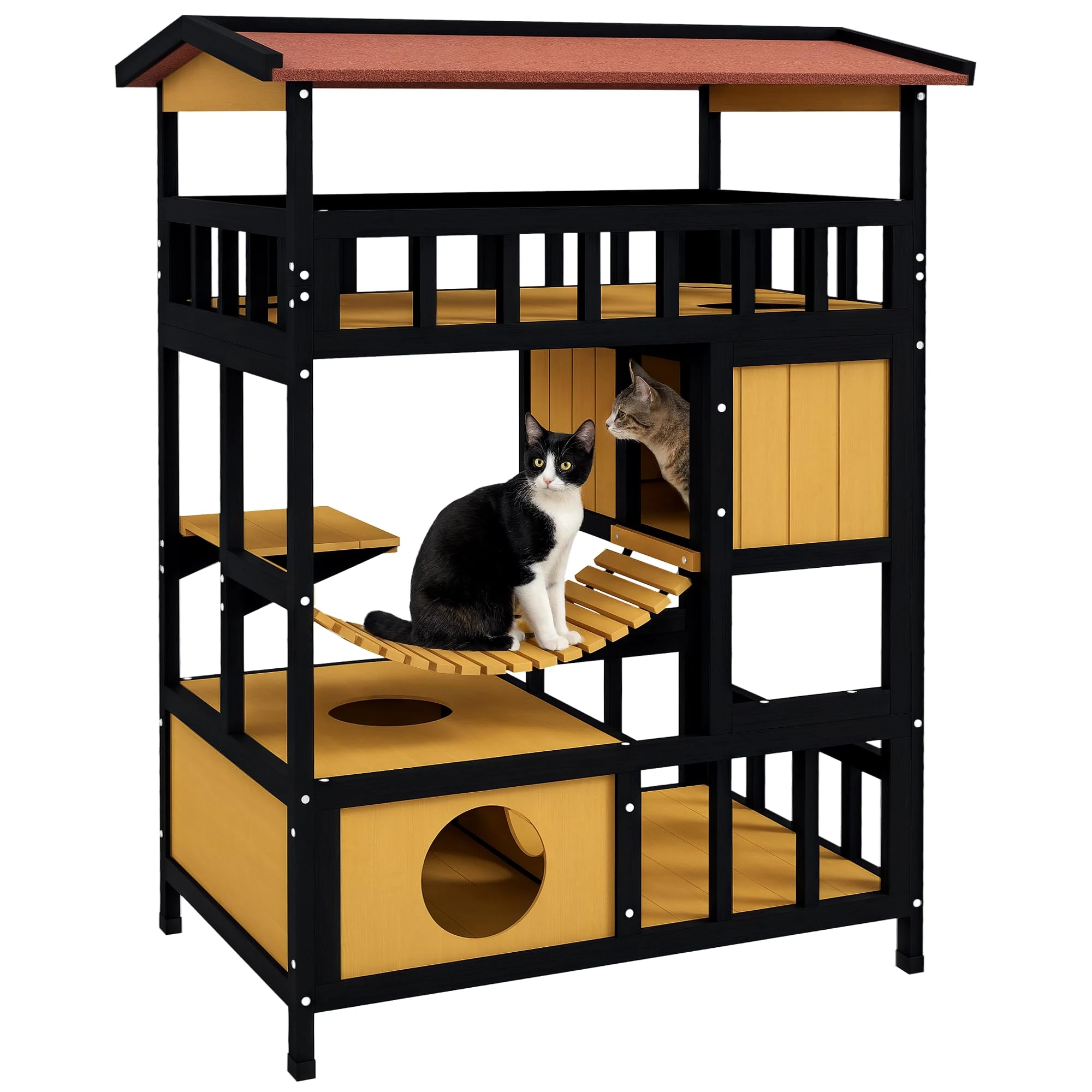PawHut Outdoor Cat House w/Suspension Bridge, Houses, Balcony