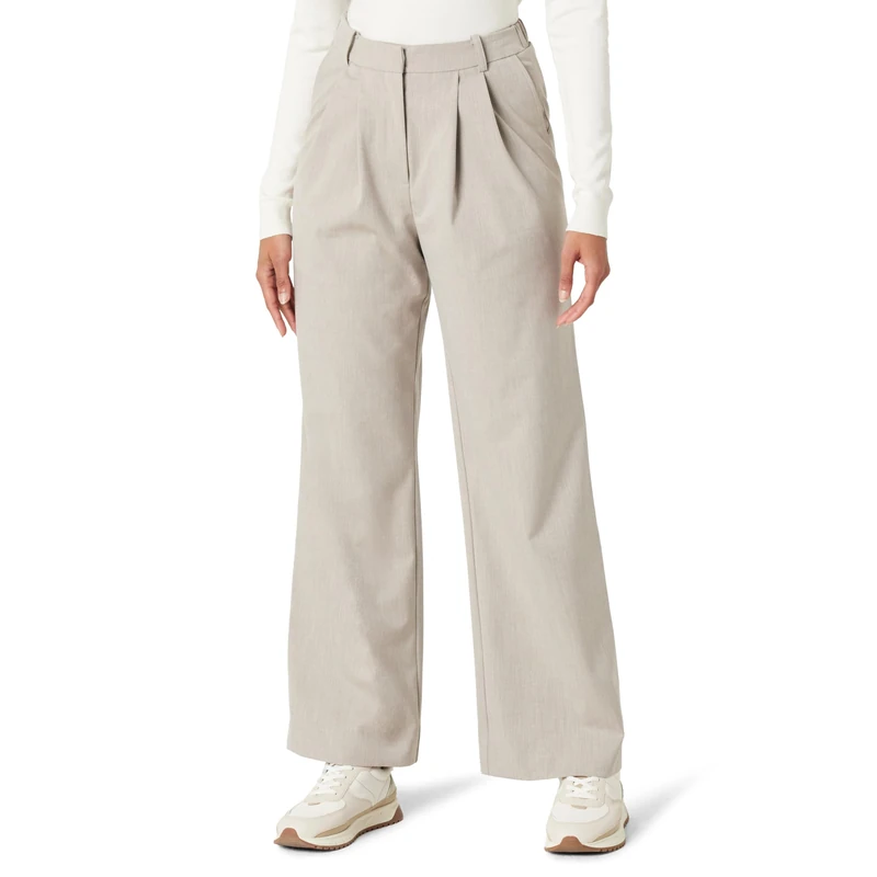 The Drop Women's Nancy Pleat Front Wide Leg Trouser, Heather Cream, S