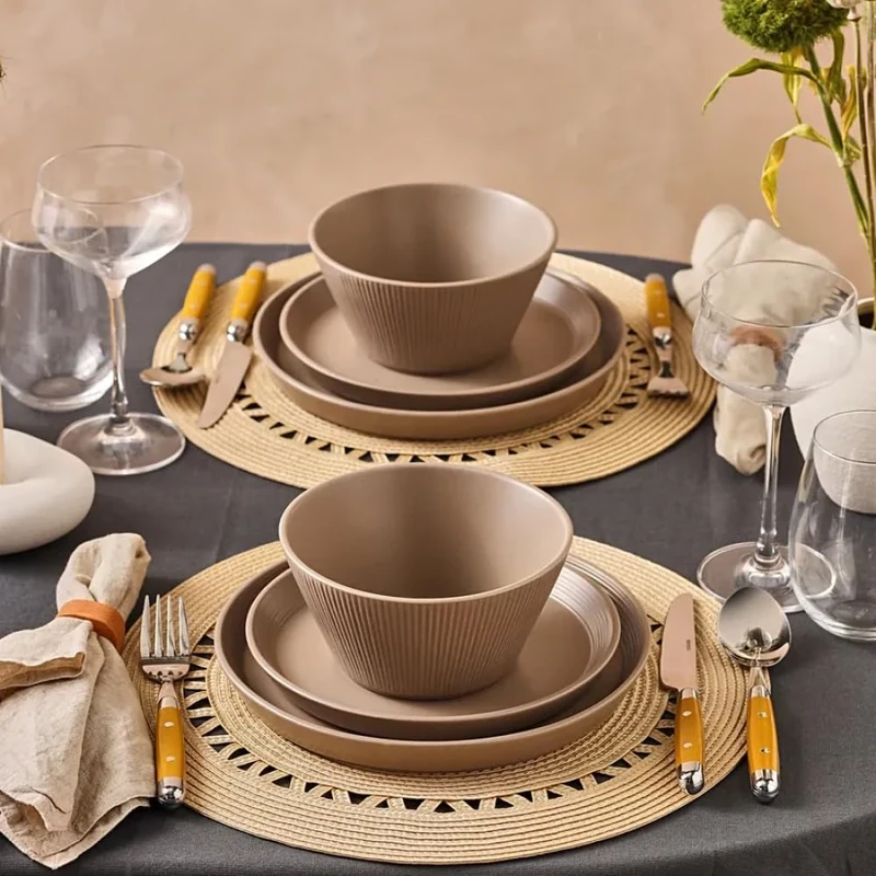 Karaca Mirum Stoneware Dinner Sets for 4 People - 12 Pieces Plates and Bowls Set - Brown Kitchen Crockery