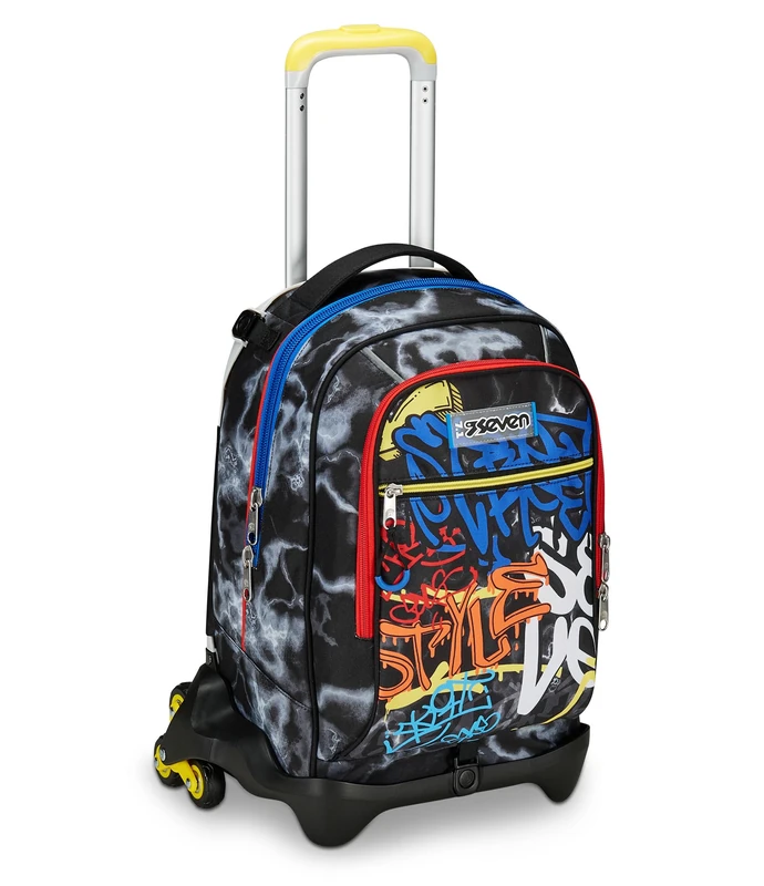 SEVEN Jack 3 Wheels School Trolley Black Yellow Mark On Boy, 3 in 1, Triple Use, Backpack with Detachable Trolley, Bottle Pocket and Crossover System, Travel School Backpack, Child Boy, Black, Taglia