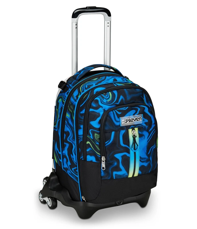Seven School Bag Detach Trolley Backpack with Wheels Pull for School Sports Leisure from 1st Grade 3 in 1 with Water Bottle Compartment with Small Backpack for Kids, Multi-Colour, black-blue, standard