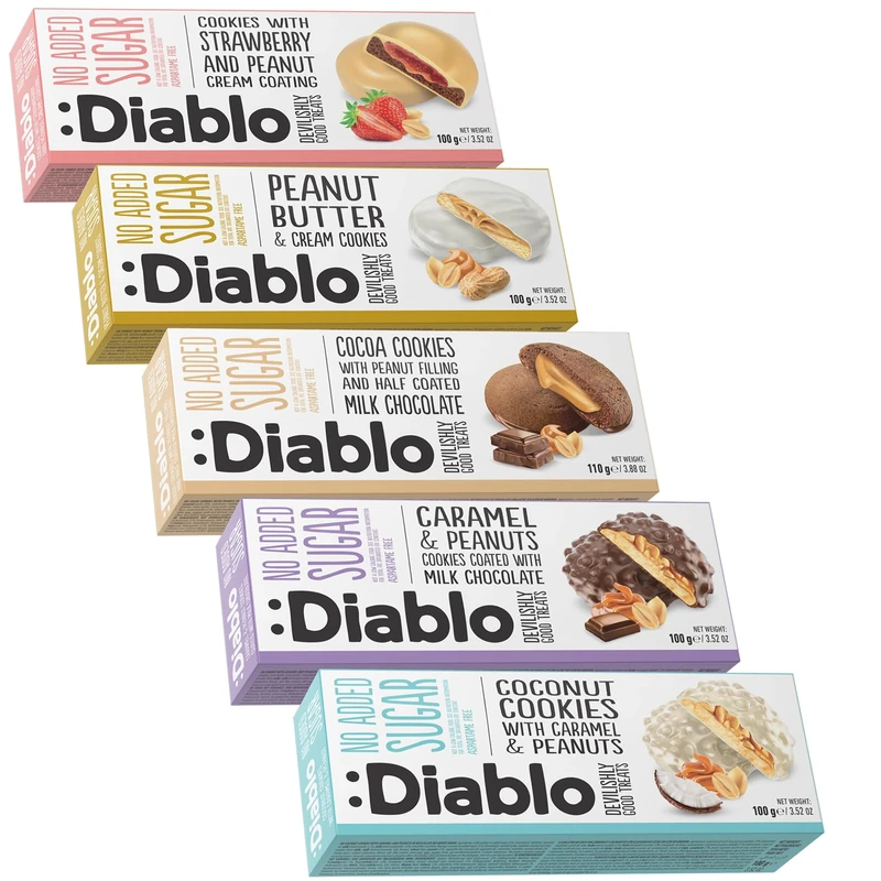 Diablo No Added Sugar Cookies – Mixed Flavours No Added Sugar Luxury Biscuits, Healthy Crunchy Snacks Gift Box for Adults, Kids and Families – Peanut Lovers, Pack of 5