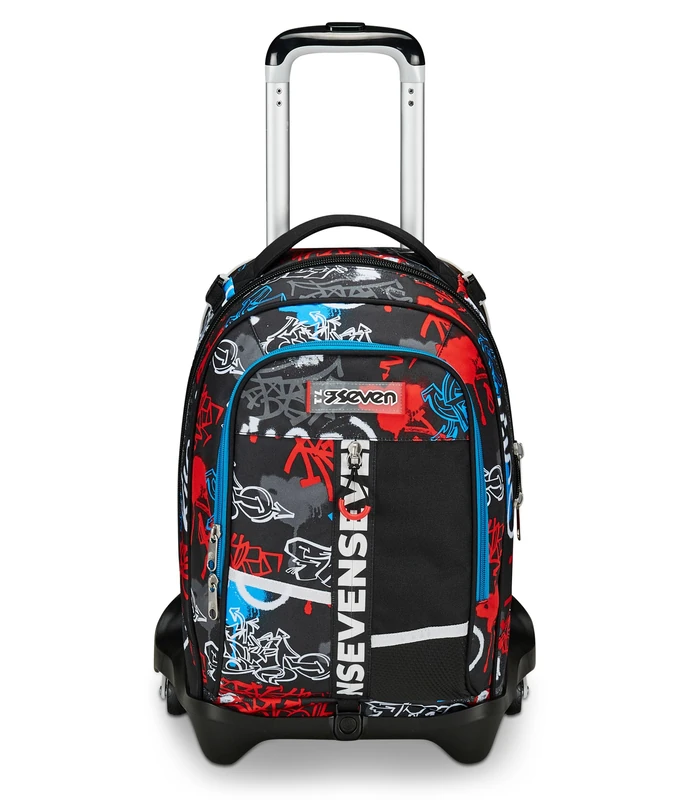 Seven School Trolley Jack 3 Wheels, Black Red, Half Street, 3 in 1, Triple Use, Backpack with Detachable Trolley, Bottle Pocket and Crossover System, Travel School Backpack, Child Boy