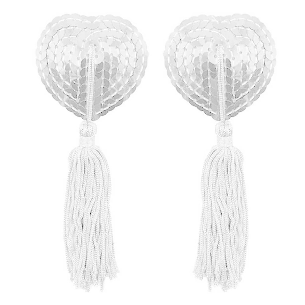 Nipple Tassels Pair of Sequin Pasties Covers Adhesive Breast Tassles Bra Sexy Burlesque Pads Stickers Role Play Costume (White)