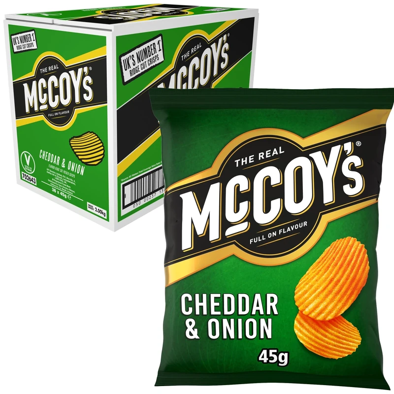 McCoys CHEDDAR & ONION Grab Bag Crisps 45g (Multipack BOX of 36) - Fully loaded with flavour, iconic ridged crisp, unmistakable crunch