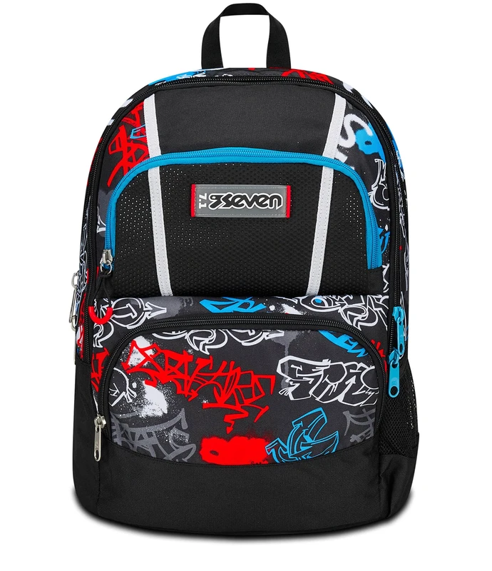Seven Adavanced Pockets School Backpack, Black Red, Half Street, Double Backpack with Multi Pockets, with PC Pocket, Bottle Holder and Organizer, Medium and Upper Backpack, Child Boy, Black, Taglia