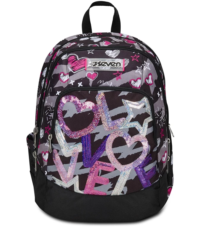 Seven Advanced School Backpack, Fuchsia Black, Draft Heart, Double Compartment Backpack with PC or Tablet Pocket, Bottle Holder and Organizer, School Backpack for Middle and High Schools, Girls,