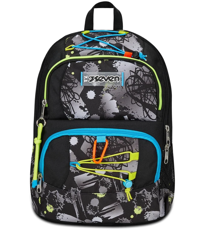 Seven Adavanced Pockets School Backpack, Black Grey, Feeling Me, Backpack Double Compartment Multi Pockets, with PC Pocket, Bottle Holder and Organizer, Medium and Upper Backpack, Child Boy, Black,
