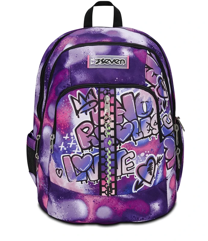 SEVEN Advanced School Backpack, Purple, Bubble Street, Double Compartment Backpack with USB Support, PC or Tablet Pocket, Bottle Holder and Organizer, School Backpack for Middle and High Schools,
